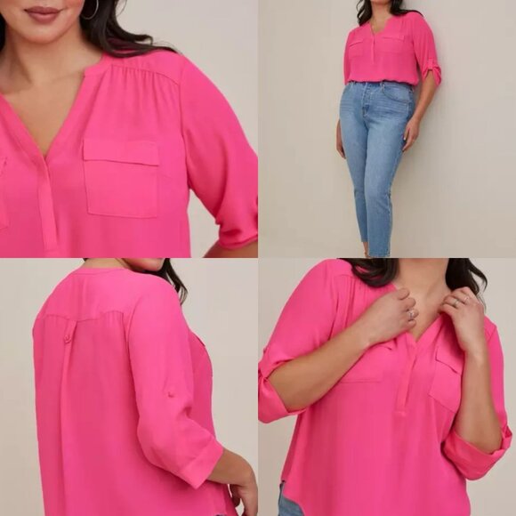 torrid Tops - Torrid Harper Blouse Womens 00 (Med) Pink Roll Tab 3/4 Sleeve Tunic Top Pockets